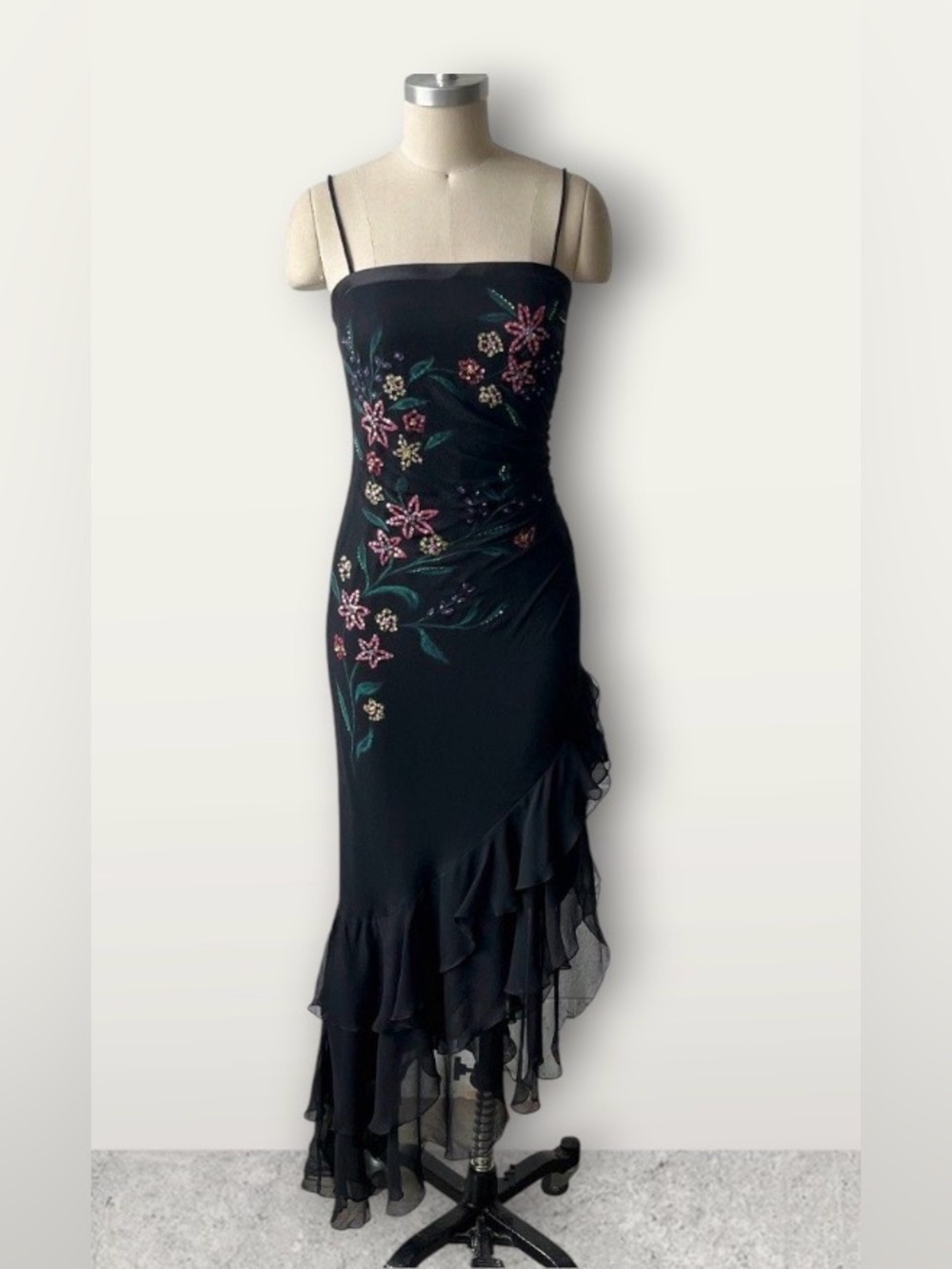 Y2K NIKI Black Silk Chiffon Floral Beaded Asymmetrical Handkerchief